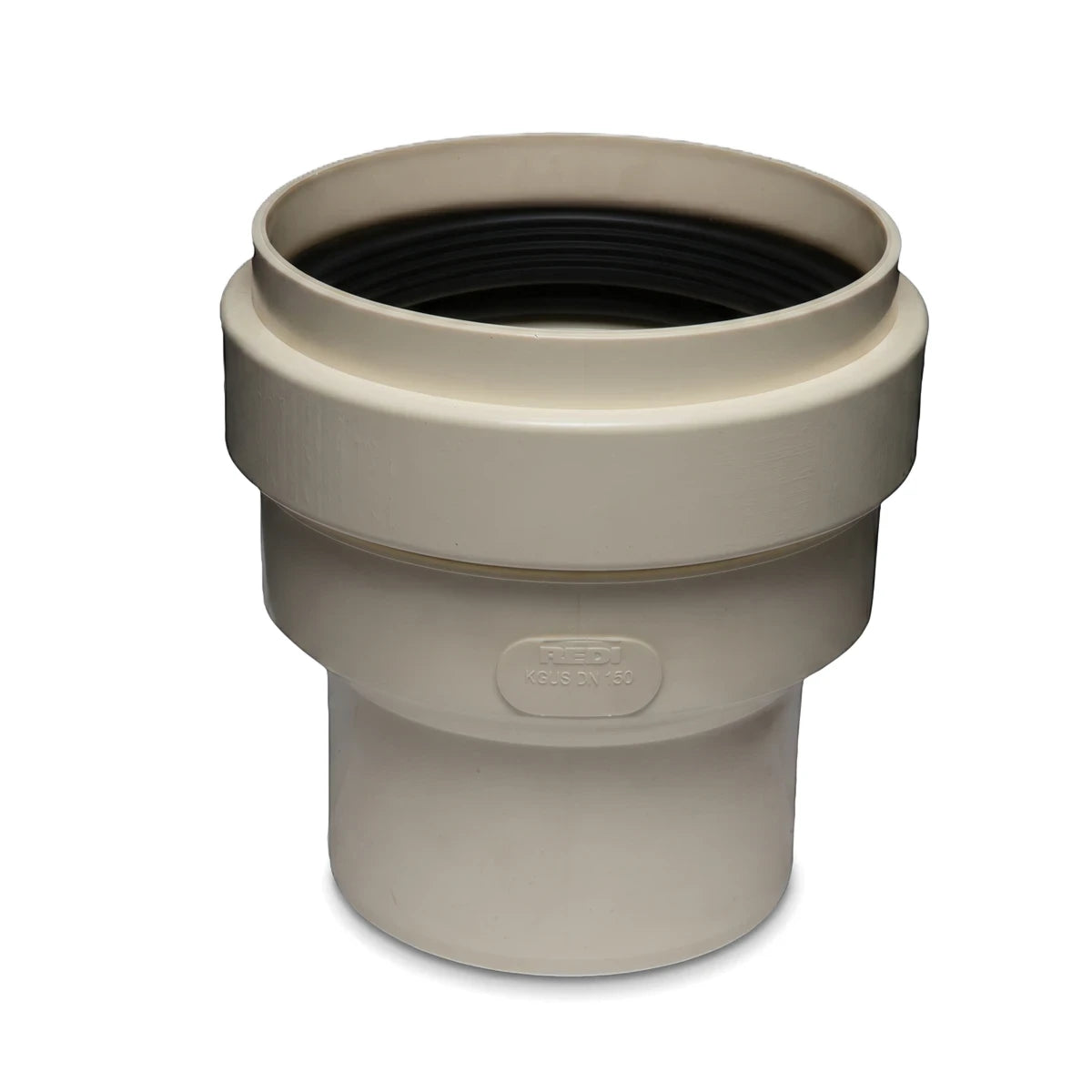 Off-white PVC underground adapter with a double-socketed design and black rubber seal, 160mm, shown from a slightly elevated