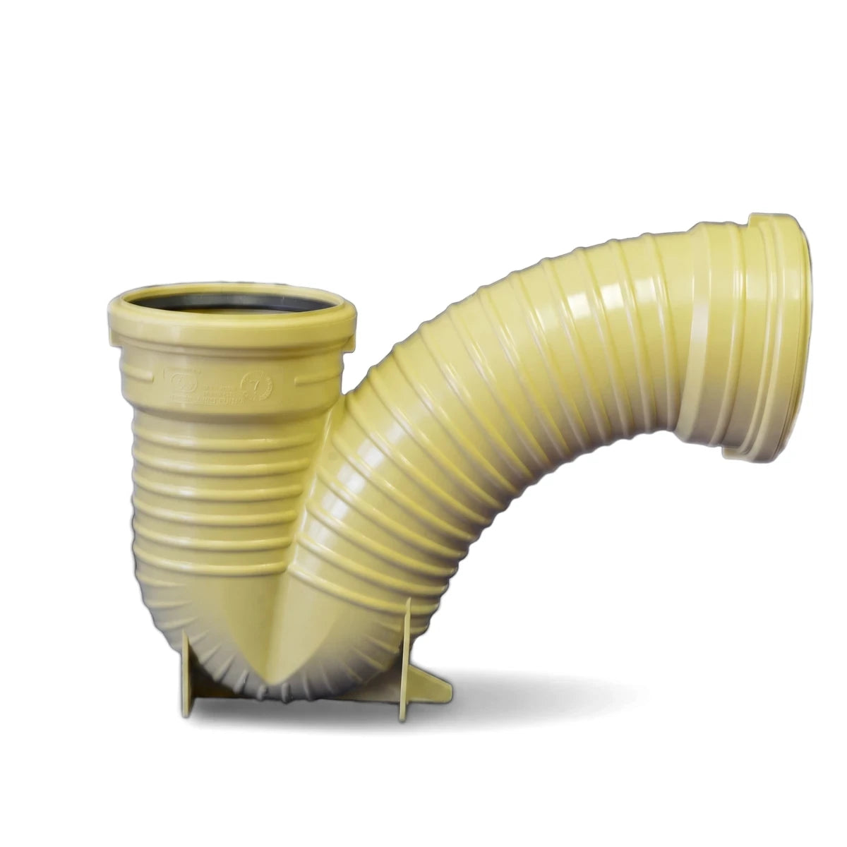 Light yellow plastic Underground Gully P-Trap - 110mm with a curved pipe, displayed from a three-quarter view.