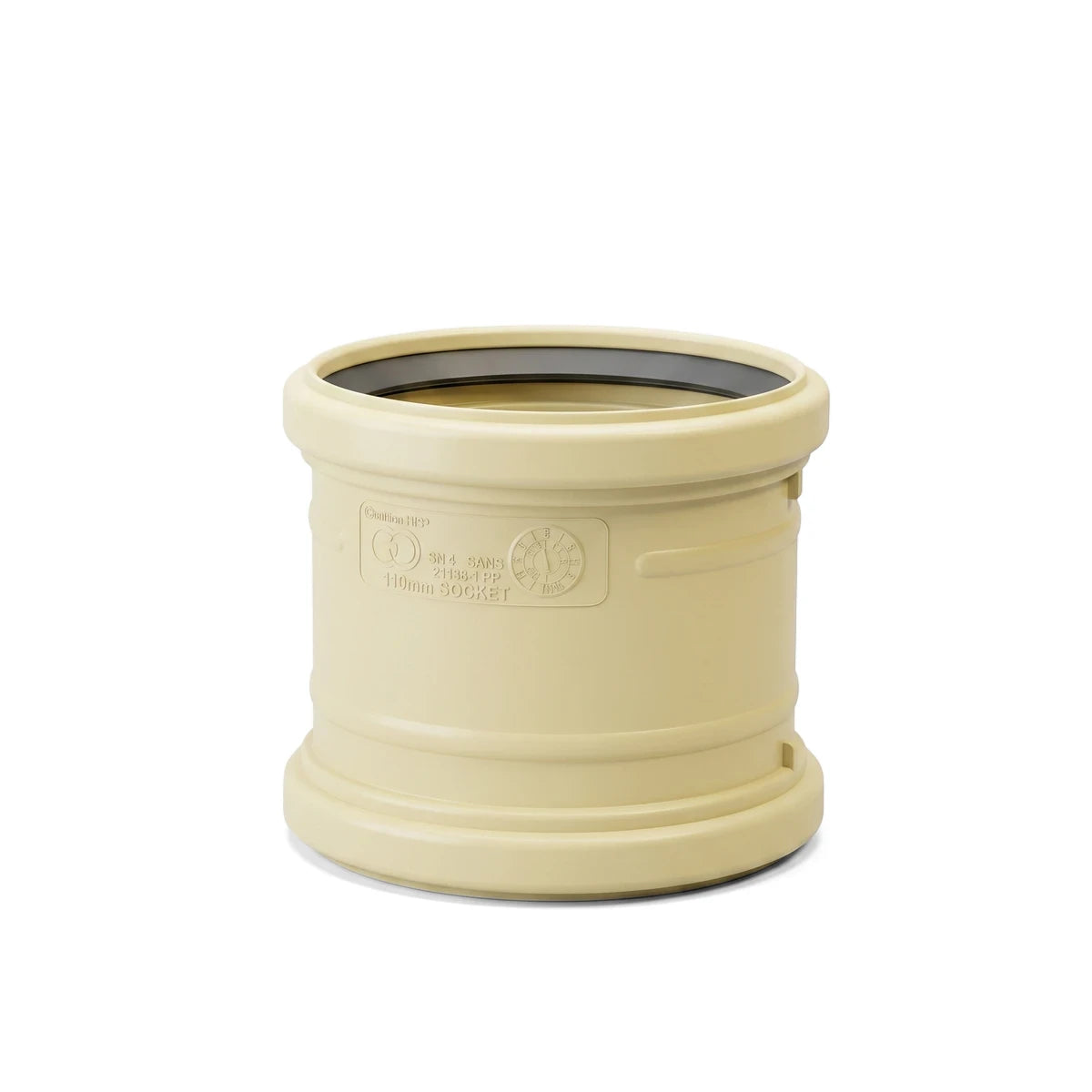 A cream-colored 110mm Underground Kimberley Socket pipe fitting, designed for plumbing and drainage systems, shown against a