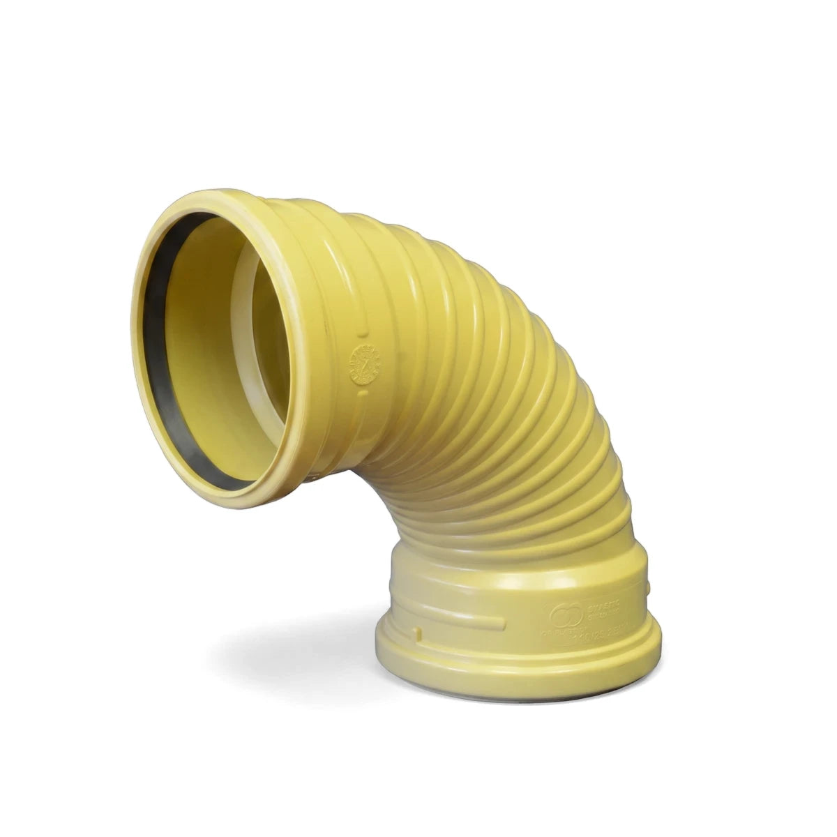 Yellow corrugated plastic 90-degree underground plain bend pipe, 110mm, with a black seal, shown on a white background.