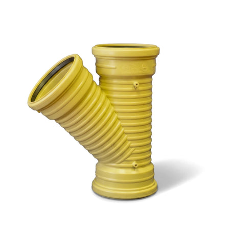 Yellow corrugated PVC underground plain junction pipe, 110mm by 45-degree angle, with black rubber seal for drainage systems.
