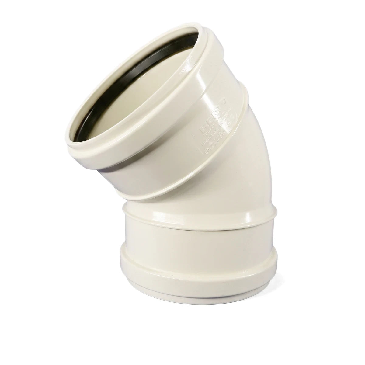 Beige plastic 45-degree underground short radius double socketed bend pipe fitting for plumbing.