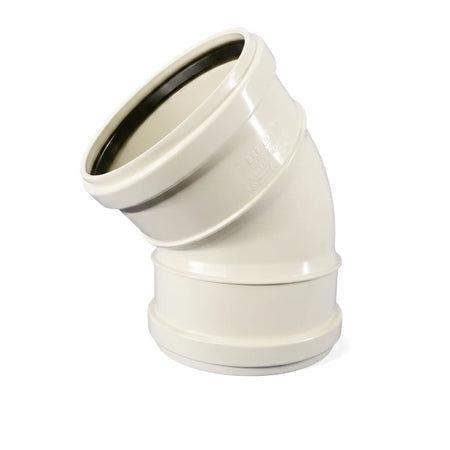 Beige plastic 45-degree underground short radius double socketed bend pipe fitting for plumbing.