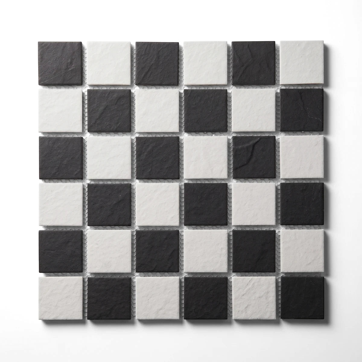 Unglazed black and white square ceramic mosaic tile with a checkerboard pattern, featuring 45mm individual squares.