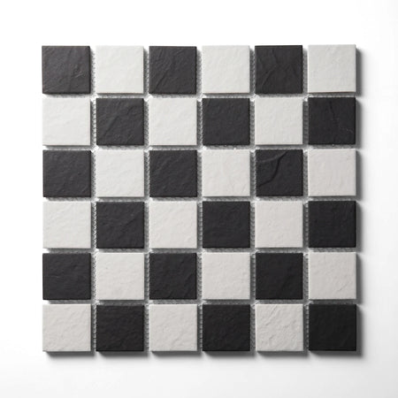 Unglazed black and white square ceramic mosaic tile with a checkerboard pattern, featuring 45mm individual squares.