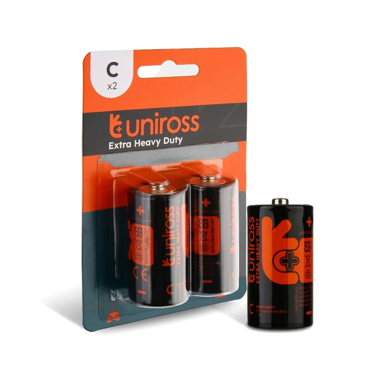 Uniross Extra Heavy Duty C size black and orange batteries in a 2-pack blister package, with one battery standing loose.