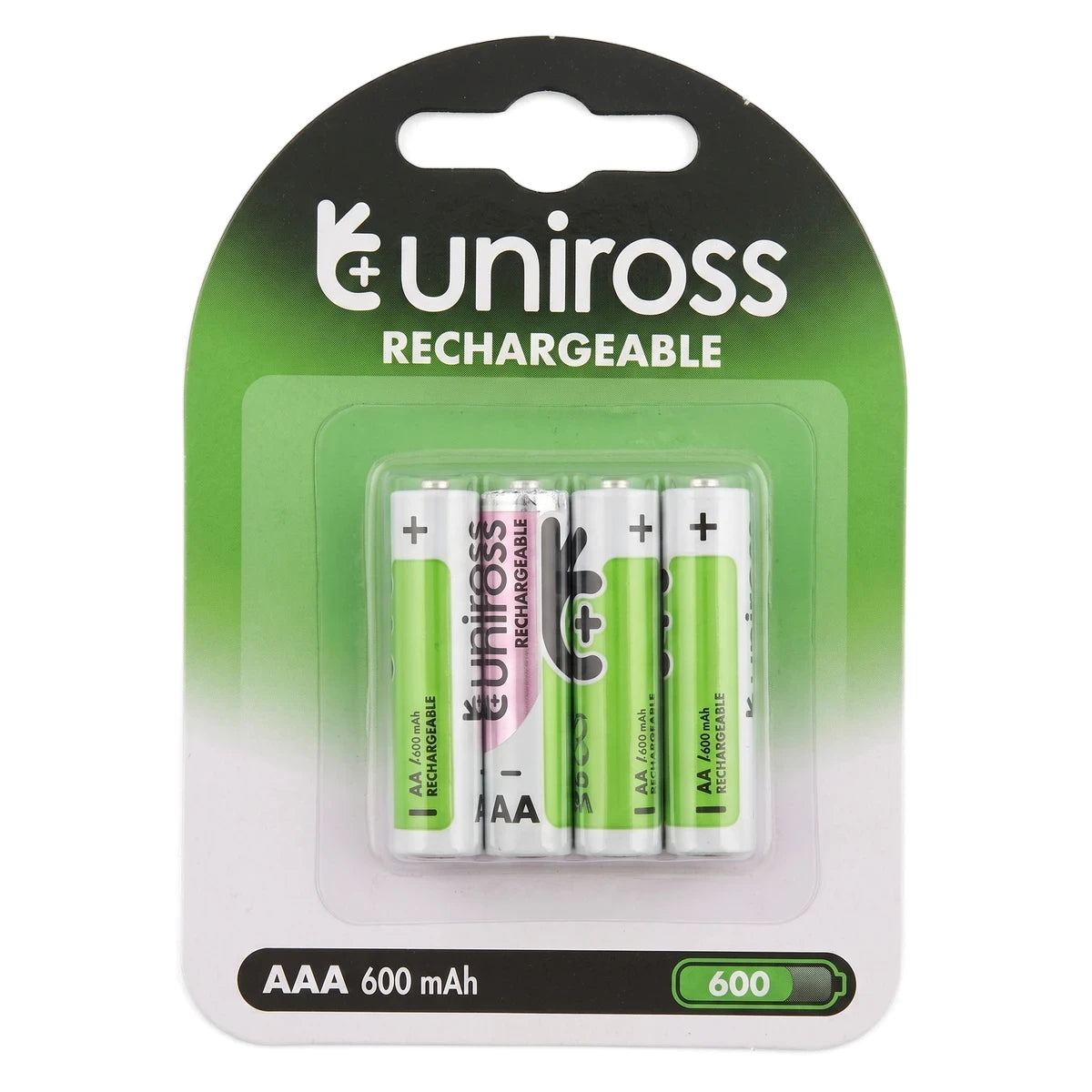 Uniross rechargeable AAA 600 mAh batteries, presented in a convenient 4-pack blister package, visible from a front view.