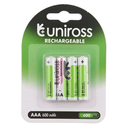 Uniross rechargeable AAA 600 mAh batteries, presented in a convenient 4-pack blister package, visible from a front view.
