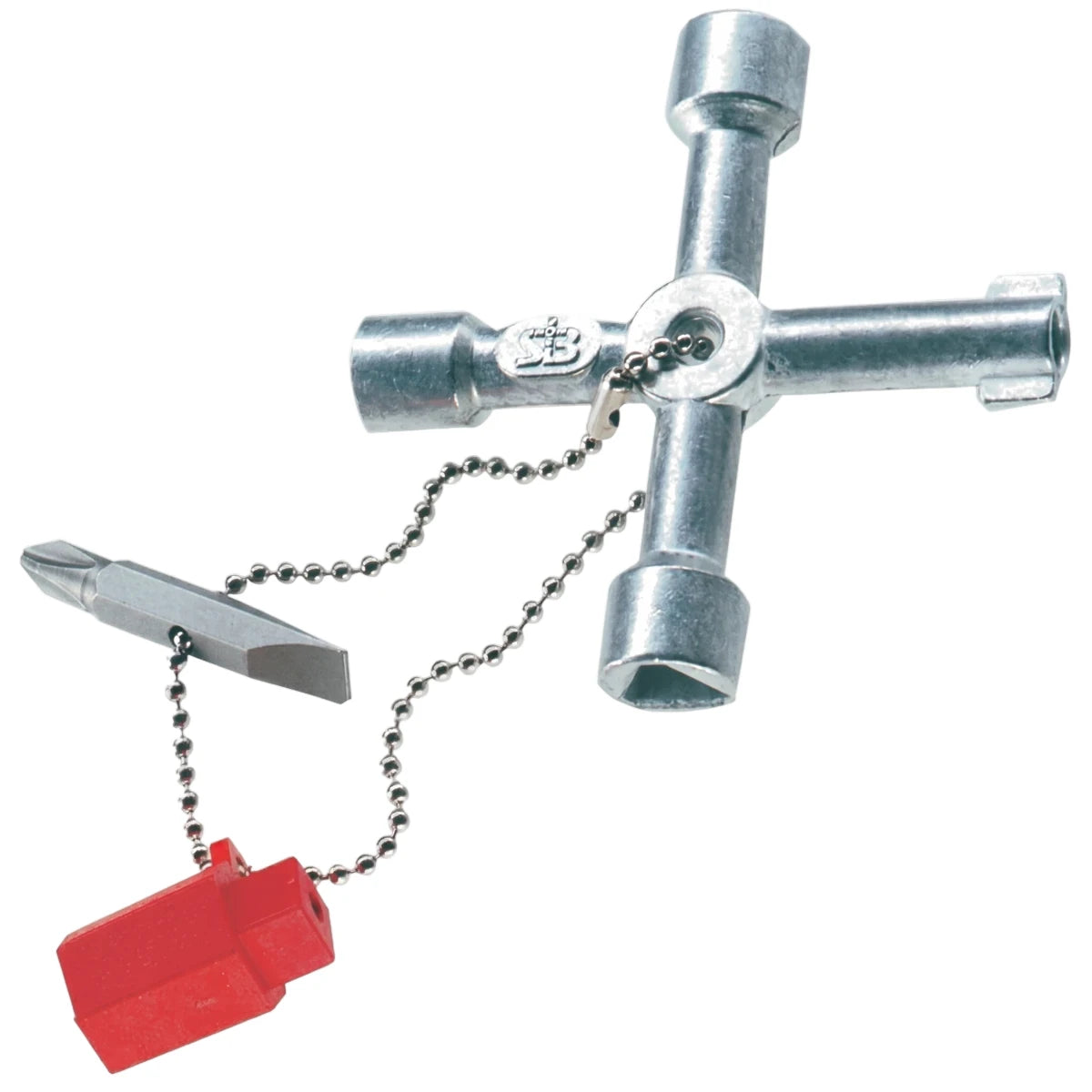 Silver metal universal key with attached double-ended screwdriver bit and red plastic holder, shown against a white