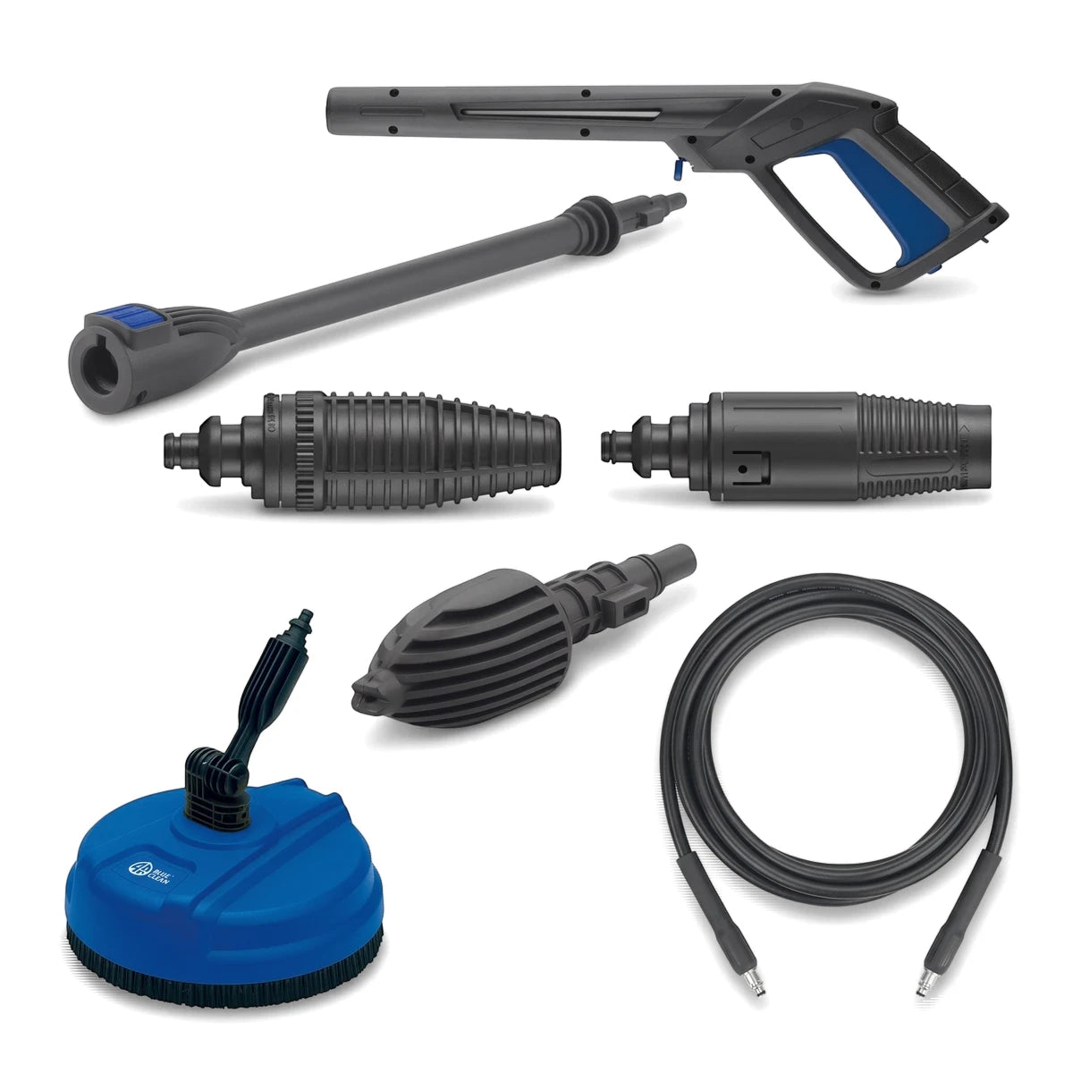 Universal motor pressure washer accessory kit including a spray gun, various nozzles, a lance, a surface cleaner attachment,