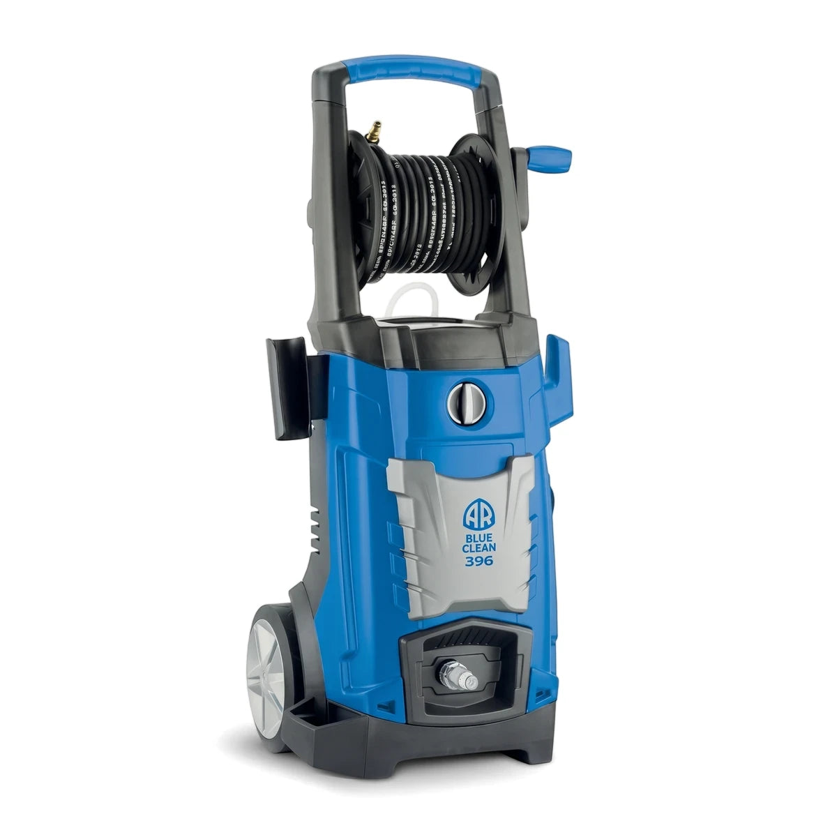 Universal Motor Pressure Washer in blue and black with a built-in hose reel on a white background.