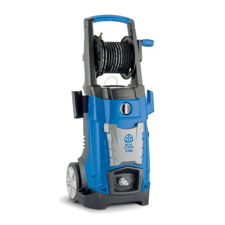 Universal Motor Pressure Washer in blue and black with a built-in hose reel on a white background.