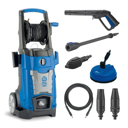 Universal Motor Pressure Washer in blue and gray, displayed with various accessories like gun, wand, and nozzles.