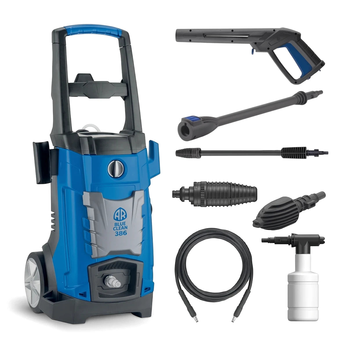 Universal Motor Pressure Washer in blue and grey with various attachments including spray gun, lances, nozzles, hose, and