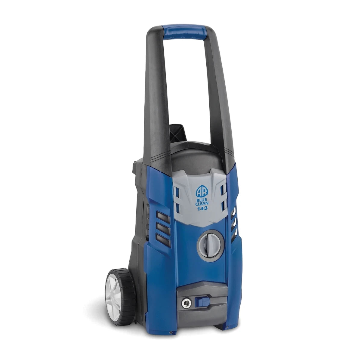 Blue and grey Universal Motor Pressure Washer on wheels, shown from a side angle, ready for cleaning tasks.