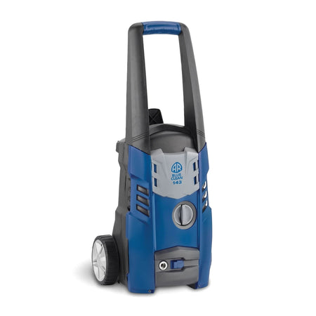 Blue and grey Universal Motor Pressure Washer on wheels, shown from a side angle, ready for cleaning tasks.