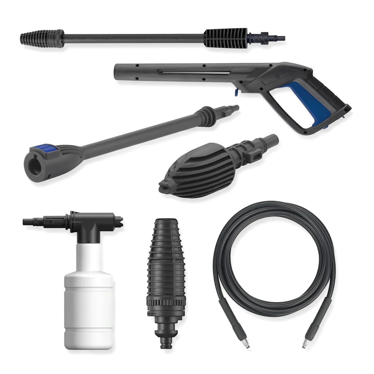 Universal Motor Pressure Washer kit laid out in a flat-lay style, showcasing black and blue components, a white soap