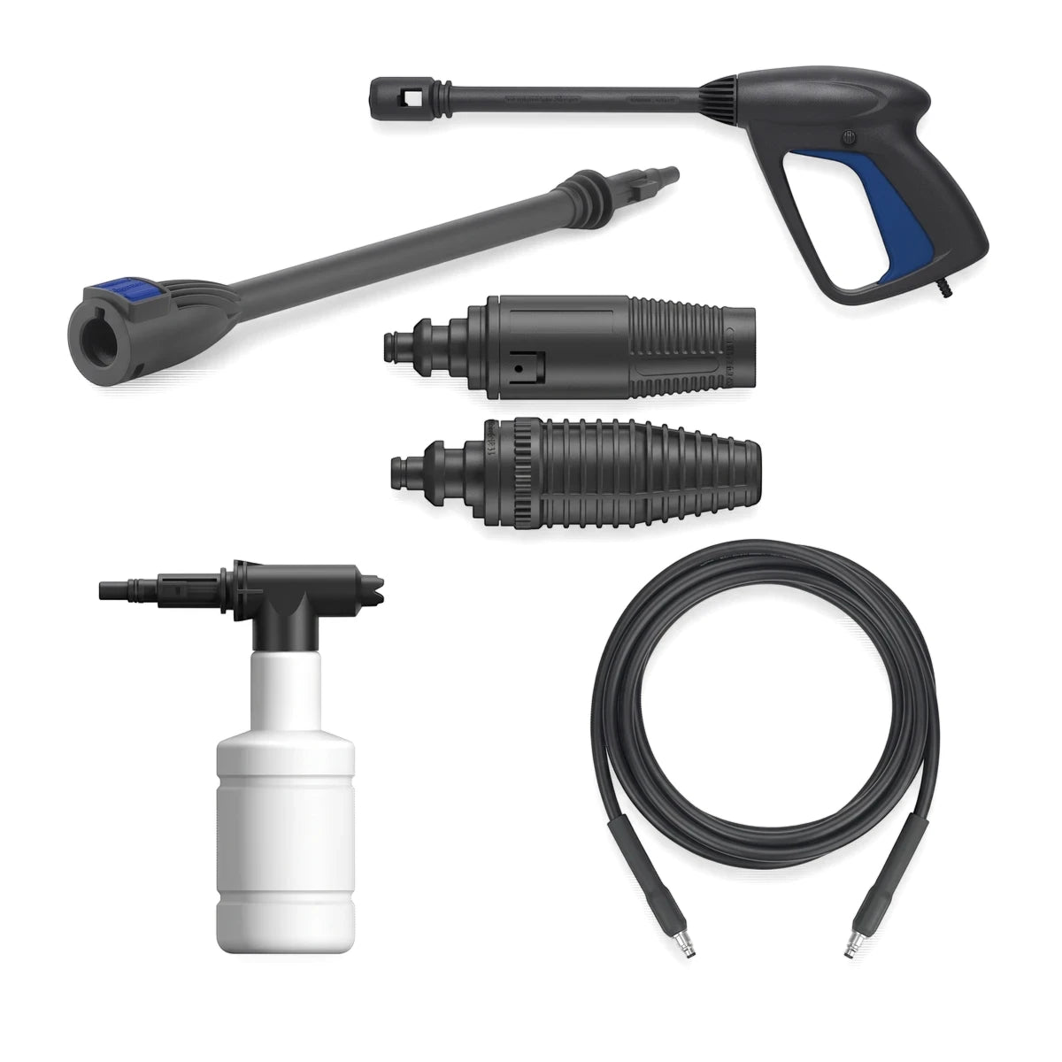 Universal Motor Pressure Washer kit with spray gun, wand extensions, soap dispenser, couplers, and a coiled hose. Black,