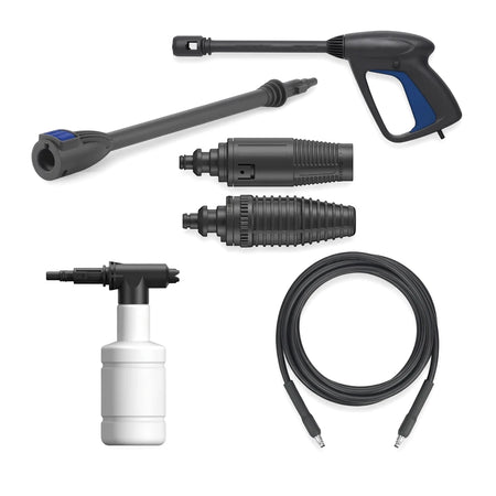 Universal Motor Pressure Washer kit with spray gun, wand extensions, soap dispenser, couplers, and a coiled hose. Black,
