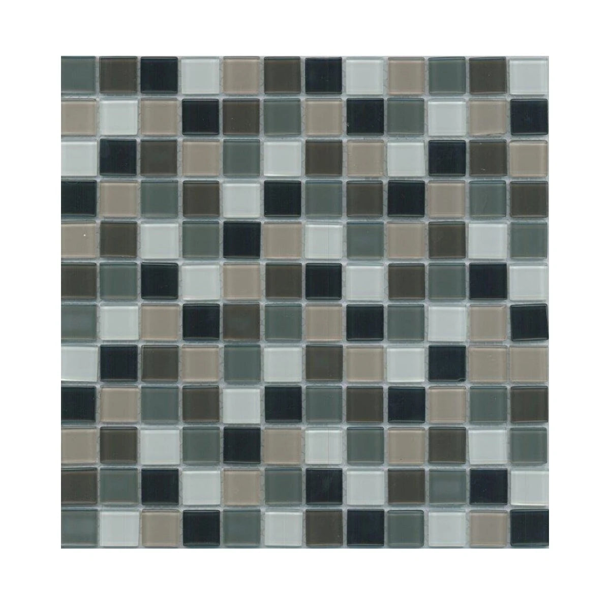 Universal Square Mosaic Tile 23mm (30X30Cm) featuring a uniform grid of gray, black, and white glass squares.