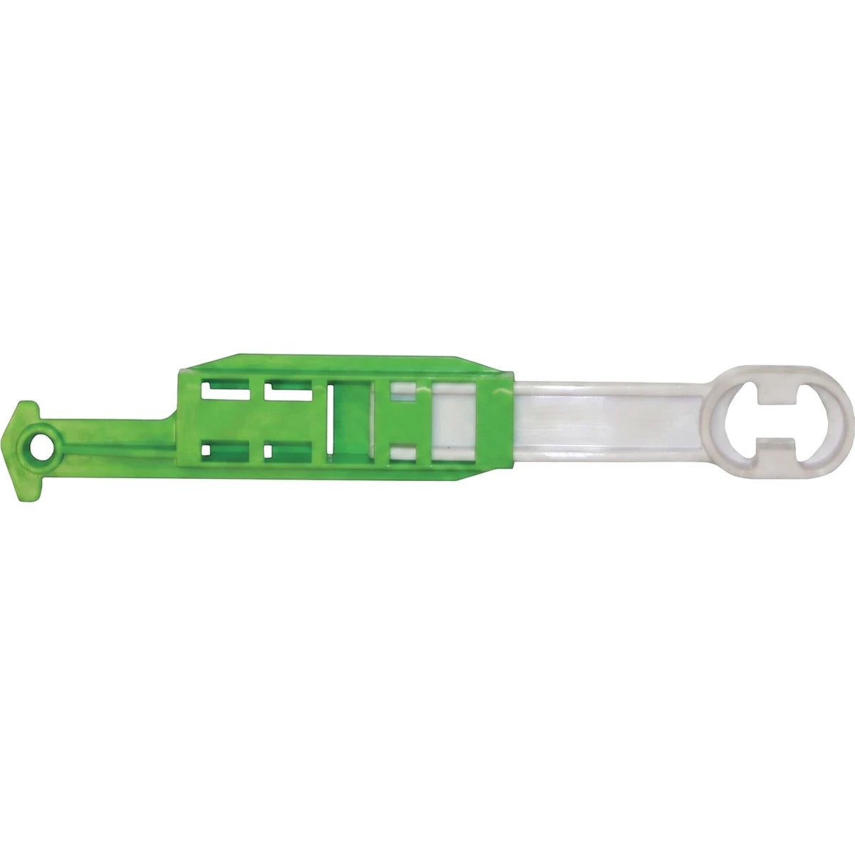 Green and white plastic universal toilet cistern lever arm assembly, shown horizontally from a top-down view.