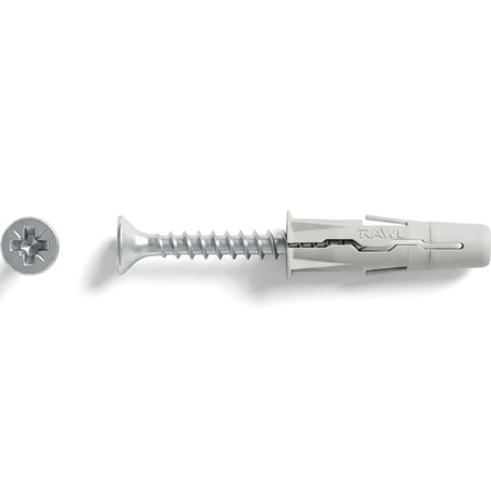Uno 10mm Multipurpose Plug with a silver screw, showcasing the light grey plastic wall anchor and compatible screw head.