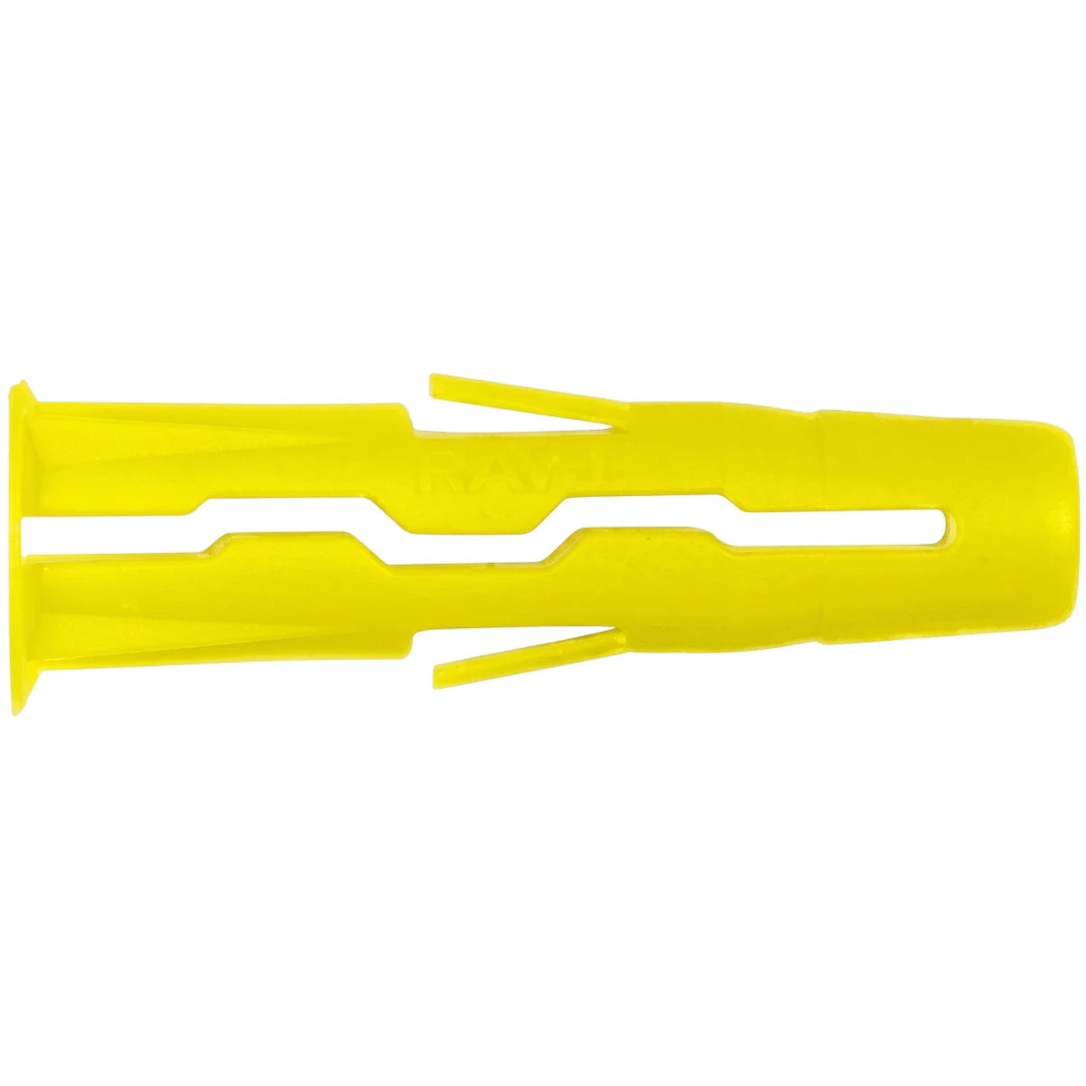 Yellow Uno 5mm multipurpose plastic wall plug for securing fasteners in drywall or masonry, shown horizontally.