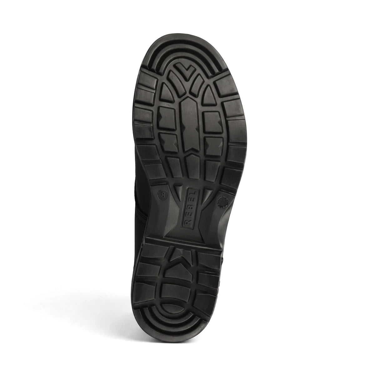 Overhead view of a black Urban Retro Vellie safety shoe sole, featuring a robust, non-slip tread pattern and 'REBEL'