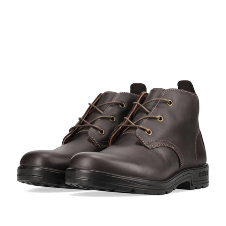Pair of men's dark brown leather Urban Retro Vellie shoes with laces and black soles, front view.