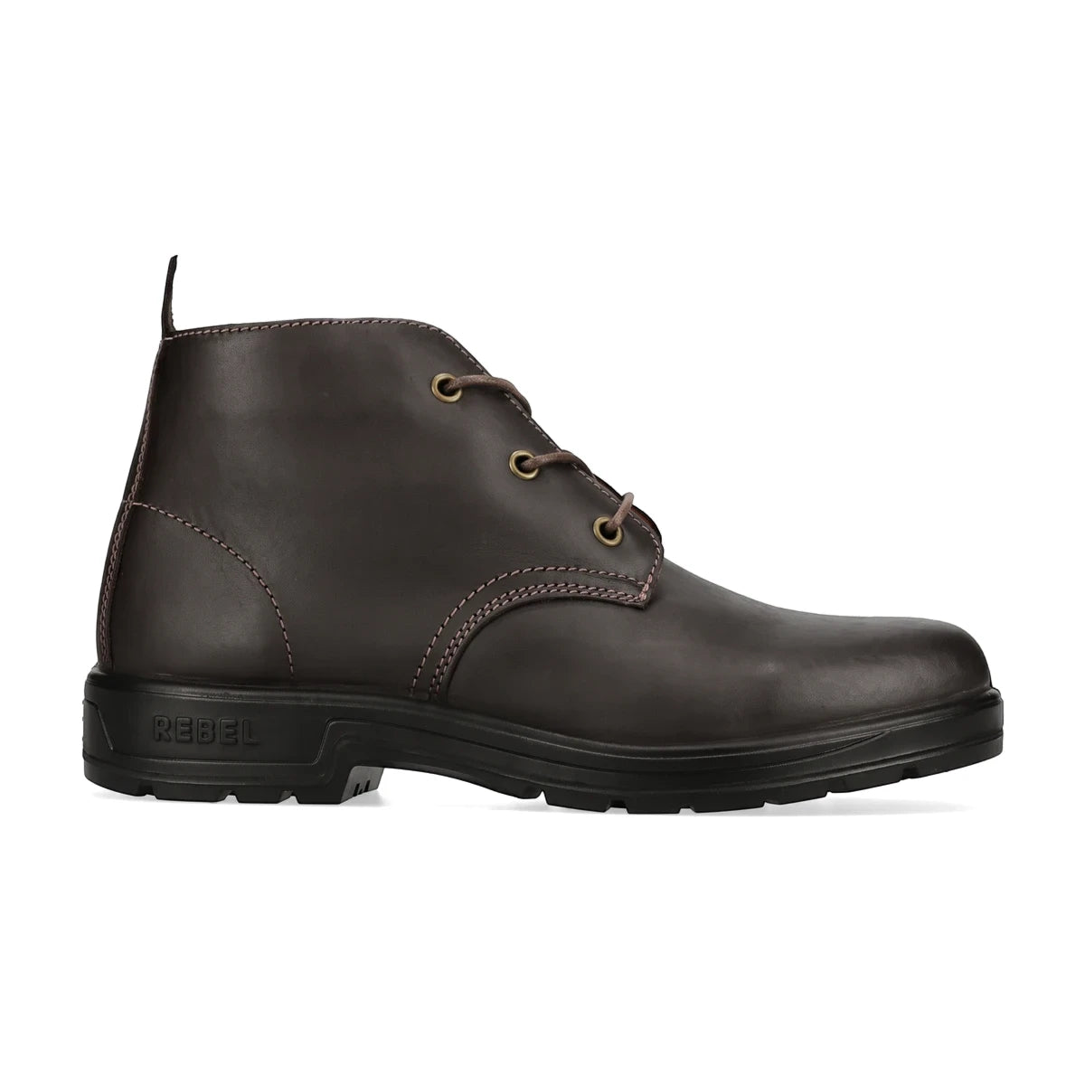Dark brown leather Urban Retro Vellie lace-up shoe with a black rugged sole, viewed from the side.