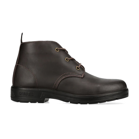 Dark brown leather Urban Retro Vellie lace-up shoe with a black rugged sole, viewed from the side.