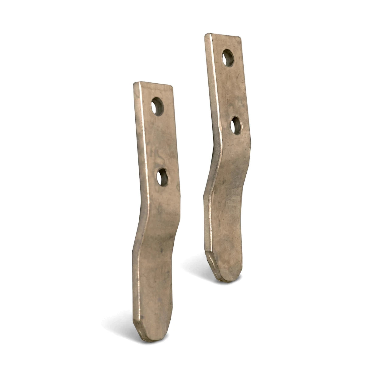 Two silver galvanized urinal brackets with two holes each, shown slightly bent on a white background.