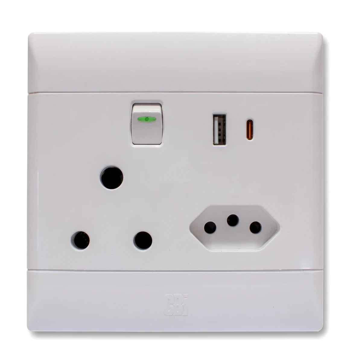 White Usb Type A&C plug socket with three-pin round, two-pin flat, USB-A, and USB-C ports, and an on/off switch.