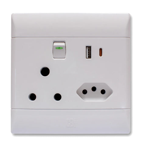 White Usb Type A&C plug socket with three-pin round, two-pin flat, USB-A, and USB-C ports, and an on/off switch.