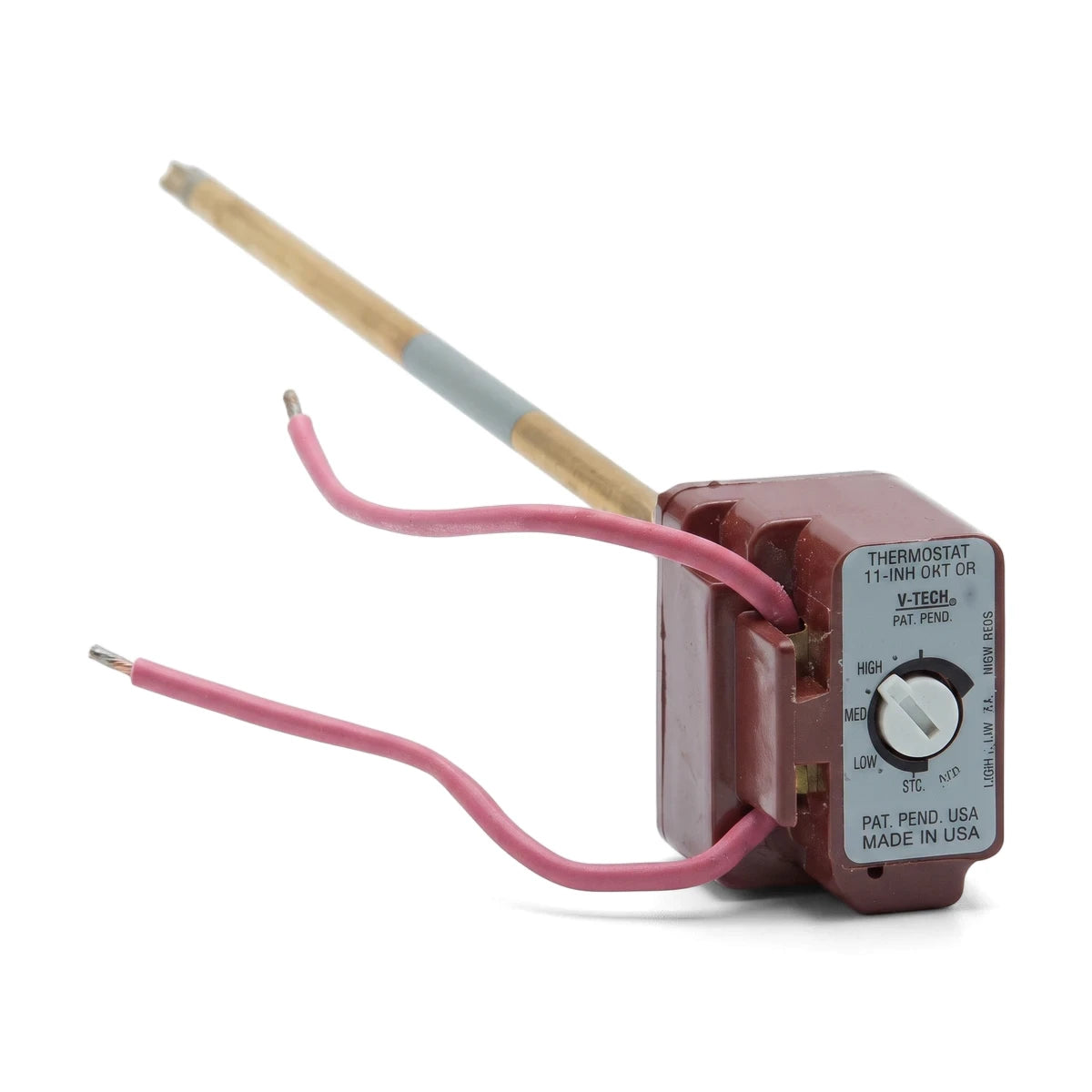 A V-Tech 11-inch thermostat with a maroon body, a beige probe, and pink wires, angled on a white background.