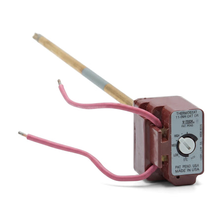 A V-Tech 11-inch thermostat with a maroon body, a beige probe, and pink wires, angled on a white background.