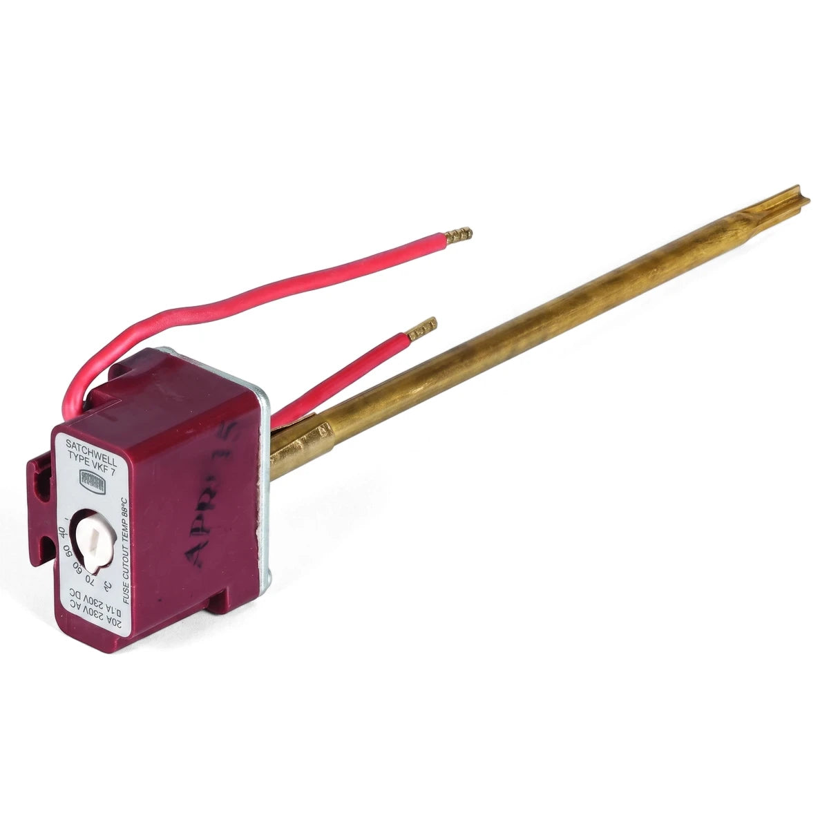Angled view of a V-Tech 7-Inch Thermostat with a maroon control box, white dial, and long brass probe, featuring red