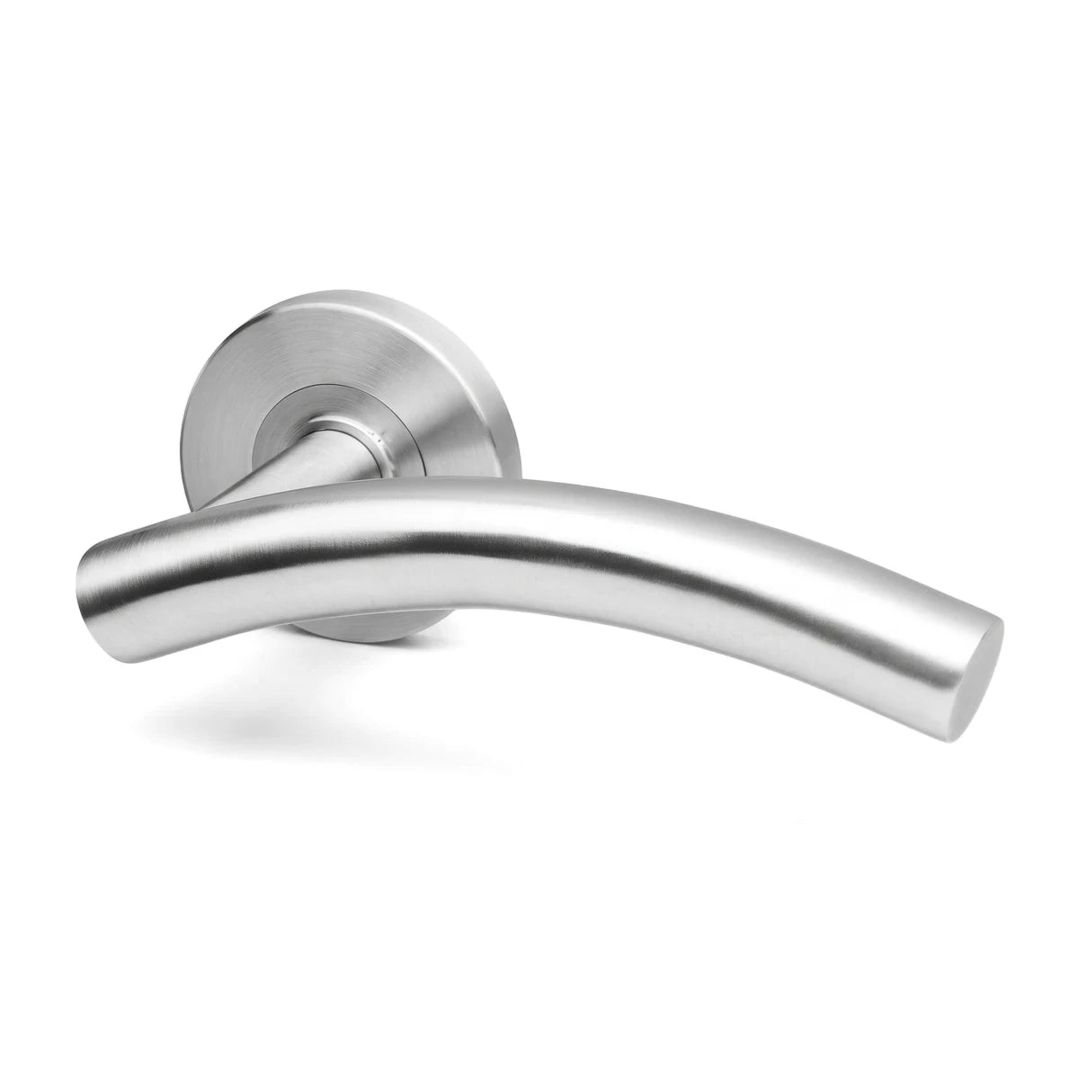 Brushed metal Vaasa On Rose Handle, a modern silver door lever with a curved shape and round escutcheon plate.