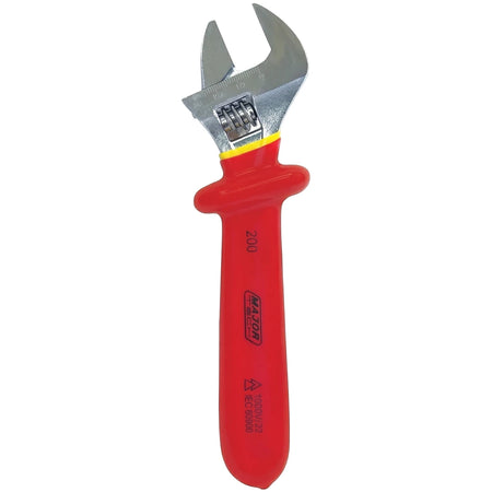 Red Vde 1000V insulated adjustable wrench, 200mm, with silver jaws and a yellow collar, shown upright.