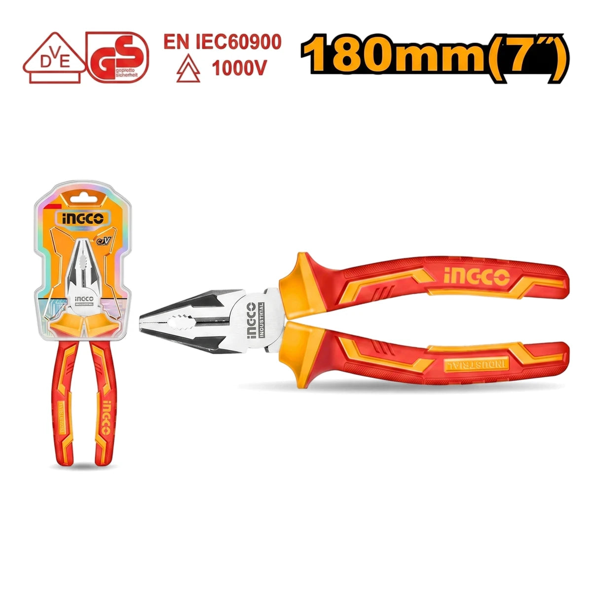 Vde 1000V insulated combination pliers, 180mm (7 inch), with red and yellow handles, one packaged and one unpackaged.