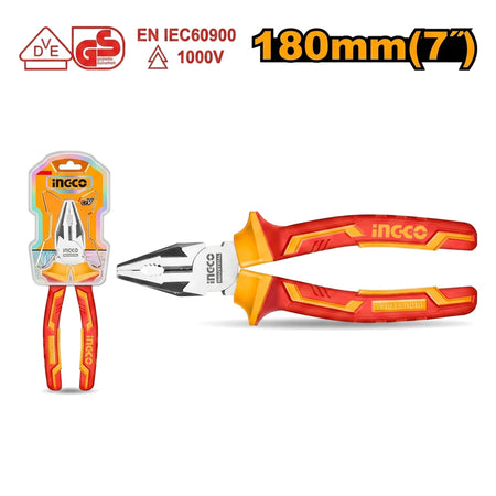 Vde 1000V insulated combination pliers, 180mm (7 inch), with red and yellow handles, one packaged and one unpackaged.