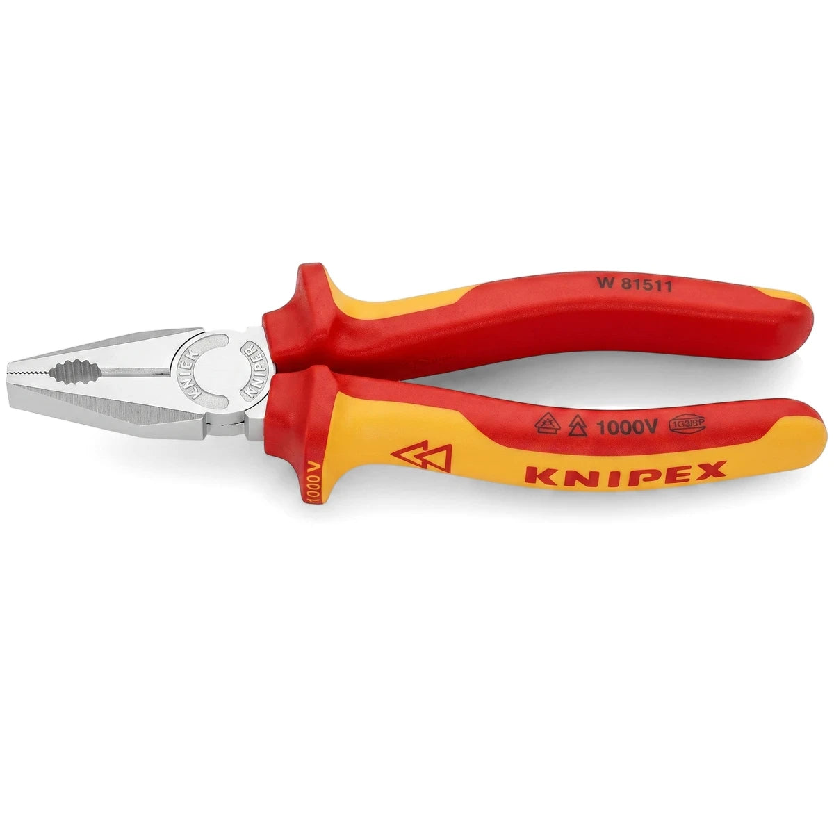 A 200mm VDE 1000V insulated combination pliers with red and yellow handles and a silver metal head, lying horizontally.