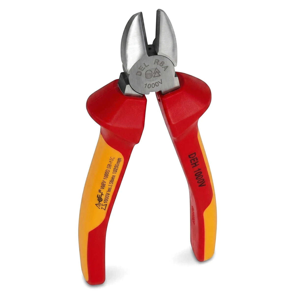 Vde 1000V insulated diagonal pliers, 160mm, featuring metallic jaws and red and yellow ergonomically designed handles.