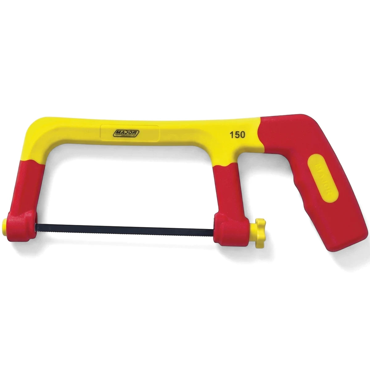 A Vde 1000V insulated junior hacksaw frame with a yellow and red handle, black blade, shown horizontally.