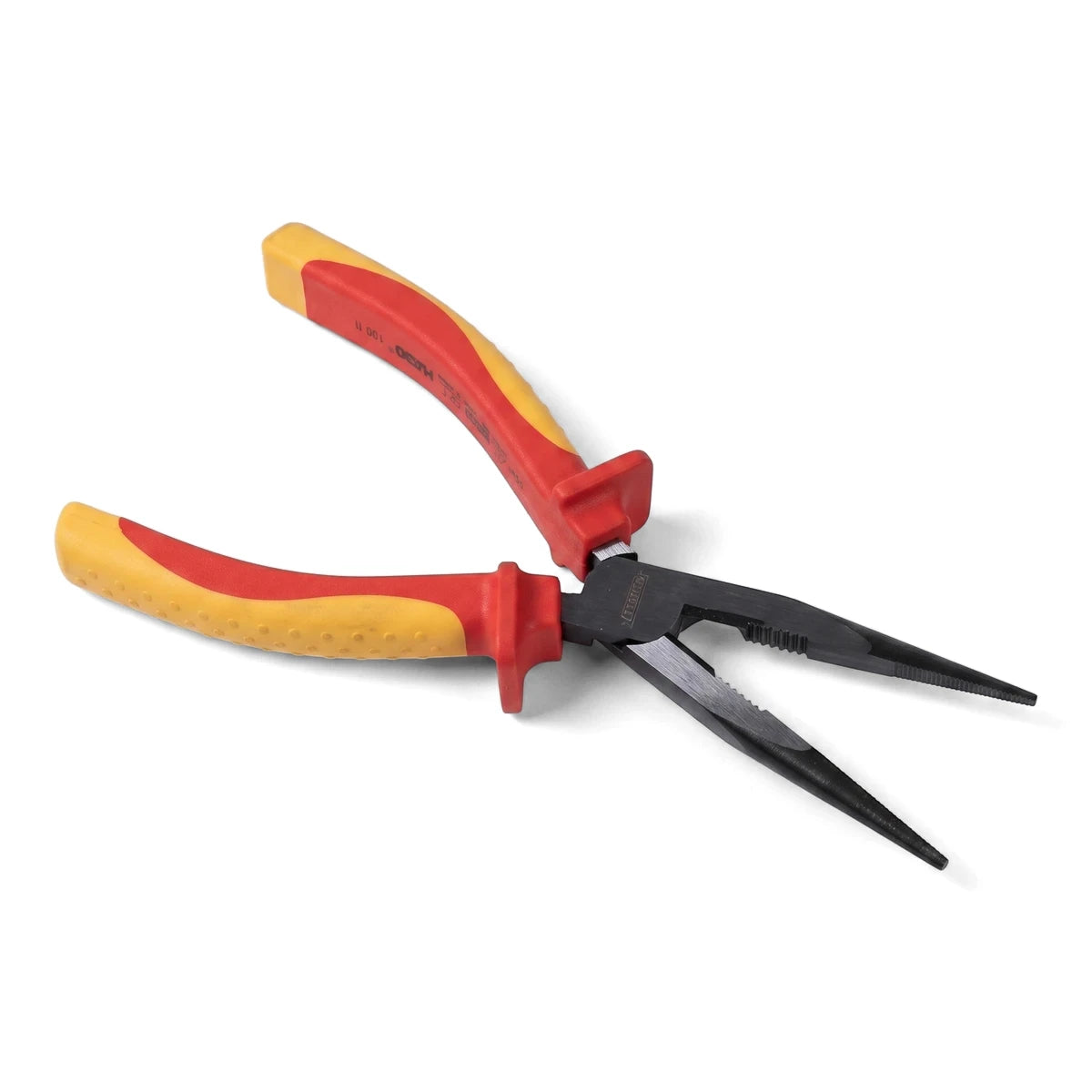 Vde 1000V insulated long nose pliers, 200mm, with red and yellow handles on a white background.