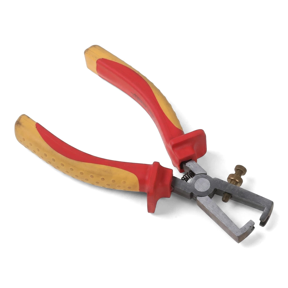 Vde 1000V insulated wire stripper pliers with red and yellow handles for electrical work, shown open on a white background.