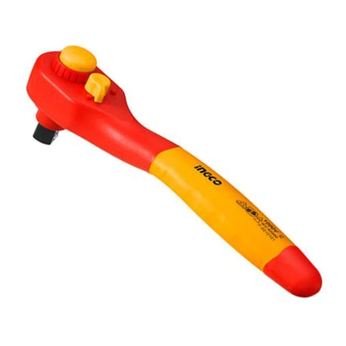 Vde/Gs insulated 1/2-inch drive ratchet with 36-teeth, featuring a vibrant red and yellow handle, angled view.
