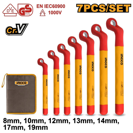 Vde/Gs insulated bent open-end wrench set (7-piece) in 8-19mm sizes, featuring red and yellow handles with a grey carrying