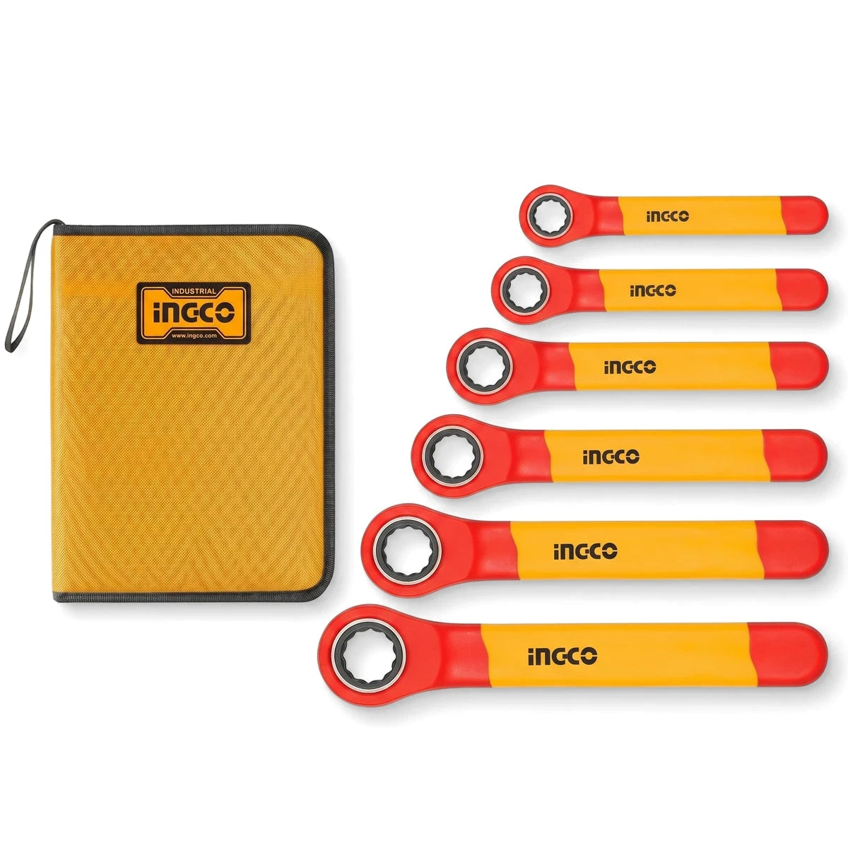 Six-piece Vde/Gs insulated ratchet box wrench set with red and yellow handles, displayed next to its yellow carrying case.
