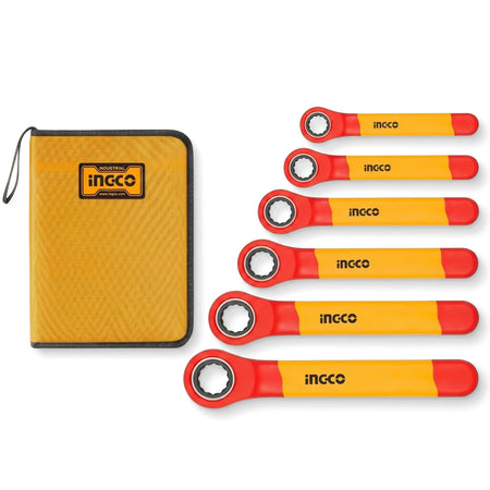 Six-piece Vde/Gs insulated ratchet box wrench set with red and yellow handles, displayed next to its yellow carrying case.
